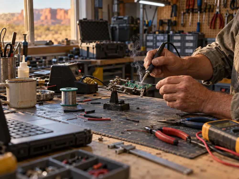 Hands soldering a small circuit board on a cluttered workbench, with red-rock cliffs through the window